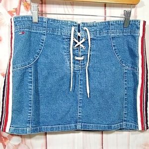 Tommy Hilfiger Denim Skirt Women's Lace up style front logo colors on slide  11